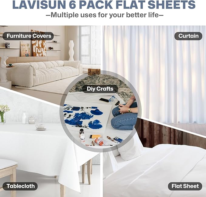Lavisun Twin Flat Sheets 6 Pack,White Brushed Microfiber Bed Sheets, Soft & Breathable Bulk Sheets for Hotel, Massage, Hospital, Home, Dorm