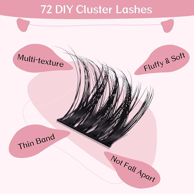 PRO LASHBEAUTY Cluster Lashes, 72 Pcs Individual Lashes, DIY Eyelash Extension, Super Thin Band Reusable Soft & Comfortable (Treasure-12mm)