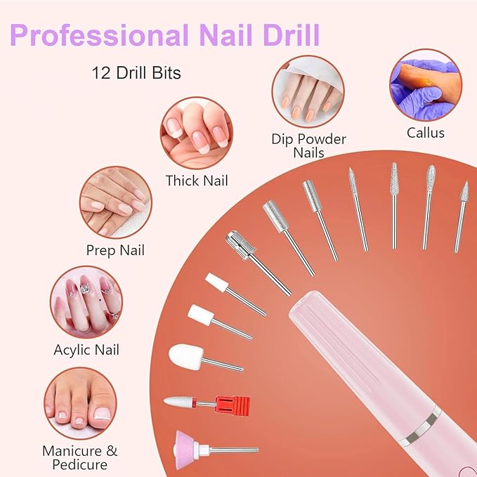 Professional Nail Drill Kit；Rechargeable Electric Nail Filer for Acrylic Nail File，Cordless Nail File Electric for Beginners and Professionals Manicure and Pedicure Set with Rechargeable，Pink