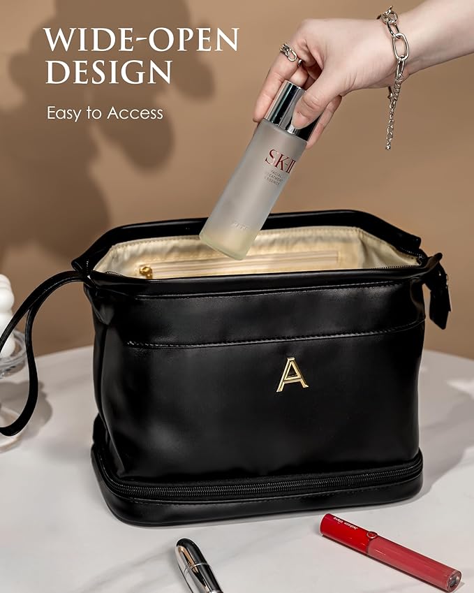 Girlfriend Gifts, Personalized Makeup Bag, Initial Double Layer Cosmetic Bag with Makeup Brush Organizer, PU Leather Travel Toiletry Bag Gifts for Women Her Friend Sister Mom Gifts