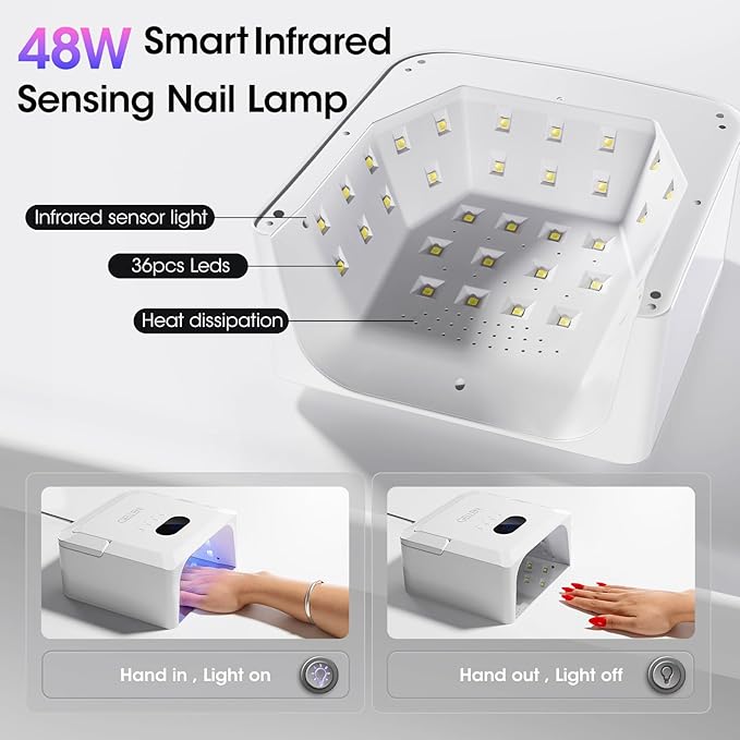 Gellen UV LED Nail Lamp, UV Light for Gel Nails 4 Timer Setting 48W, Professional Portable Nail Dryer, Fast Curing Gel Nail Polish UV Light with 36pcs Lamp Beads, Auto Sensor Nail Art Tool with Handle