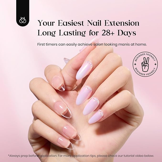 Beetles Gel Nail Kit - 600Pcs 15 Sizes Medium Almond Tips With Pink Color Gel Top Coat, Soft Clear Press-on, 5-in-1 Glue, UV Lamp - Easy Extension Set for Women