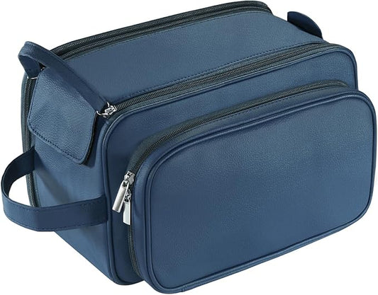 Buruis Extra Large Toiletry Bag for Men, Travel Toiletry Organizer Dopp Kit Water-resistant Shaving Bags, PU Leather Cosmetic Bathroom Shower Bag for Toiletries, Grooming, Accessories (Blue)