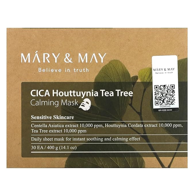 Mary&May CICA Houttuynia Tea Tree Calming Mask - Daily Pull Out Sheet Mask for Instant Soothing & Moisturizing - Korean Skincare, Hypoallergenic and Cruelty-Free, 30 Sheets