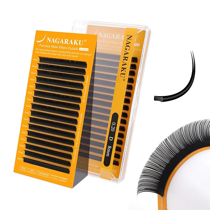 NAGARAKU Flat Ellipse Eyelash Extensions, 5TH GEN AIR SERIES Double Tips Lashes Lighter Thinner Flat Split Tips Individual Lash Matte Black Classic False Eyelashes 16 Rows -0.20 D Curl 8mm