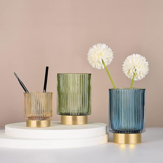 CANITORON Makeup Brush Holder,2 Pack Glass Makeup Brush Holder Organizer Store Cosmetic Tools,Eyeliner,Storage Organizer for Vanity,Bathroom and Bedroom Countertop Storage.(Green S+L)