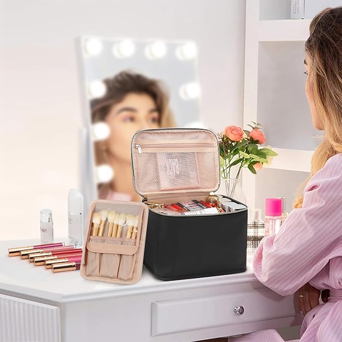 OCHEAL Travel Makeup Bag, Large Make up Bag Organizer Cosmetic Case with Detachable Brush Divider and Multi-purpose Comparement,Waterproof Portable for Toiletry Accessories Makeup Tools-Black