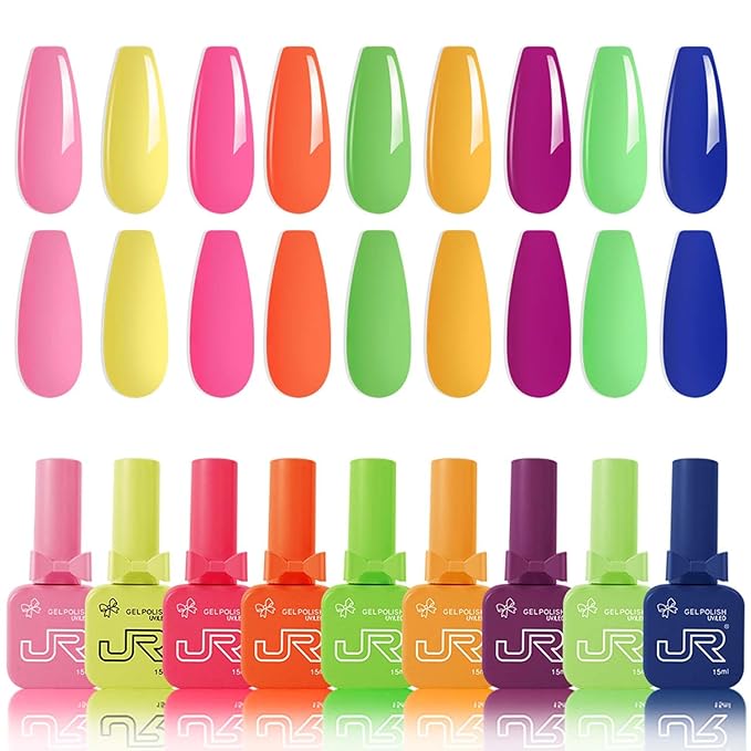 JR 9Colors 0.5oz Neon Gel Nail Polish Set Including Red Pink Nude Blue Orange Gel Polish Kit UV Light Soak Off Polish Home DIY Gift F