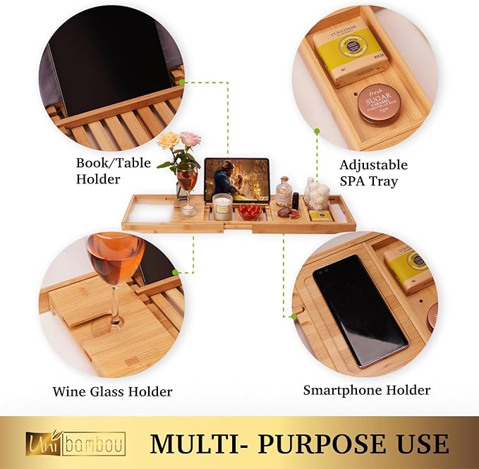 Bamboo Bathtub Caddy Tray for Luxury Bath, Expandable Bath Tray for Tub with Book and Wine Holder- Gift Idea for Loved Ones