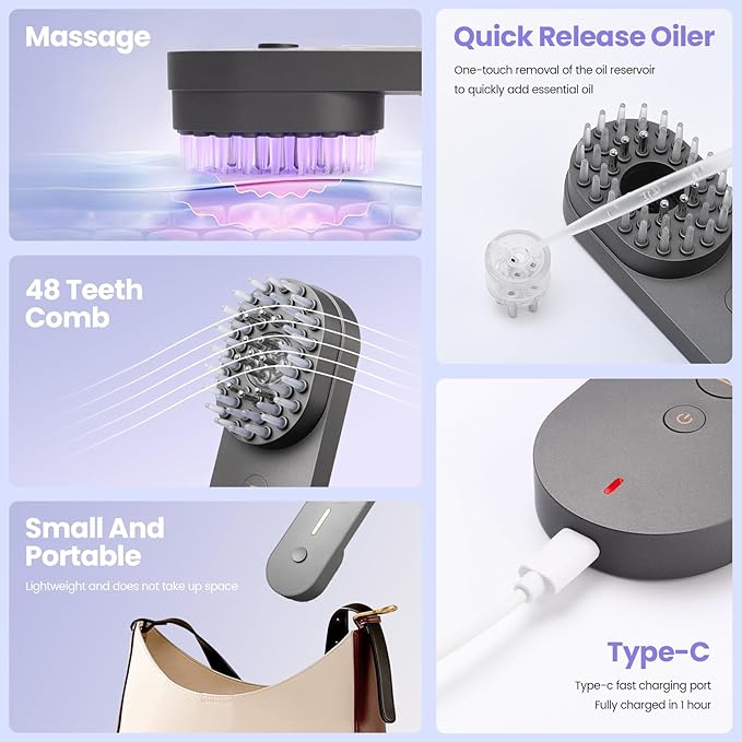 UNIWA Hair Oil Applicator, Scalp Massager Hair Growth, 3 in 1 Scalp Massage Tool, Head Scalp Massager for Relax, Cordless Electric Brush for Hair Care, Oil Dispenser Comb, Mothers Day Gifts, Grey
