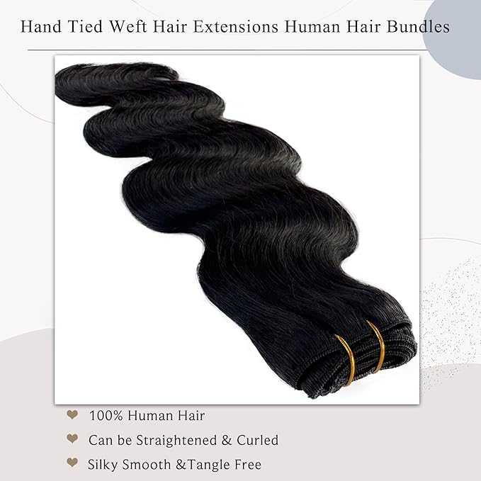 Sew in Hair Extensions Real Human Hair Wefts Extensions 100G 18 Inch Body Wave Natural Black Hair Extensaions Real Human Hair Hand Tied Weft Hair Extensions Real Remy Human Hair Bundles Extensions