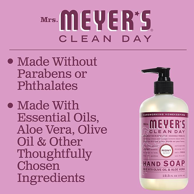 MRS. MEYER'S CLEAN DAY Hand Soap, Made with Essential Oils, Biodegradable Formula, Peony, 12.5 fl. oz - Pack of 3