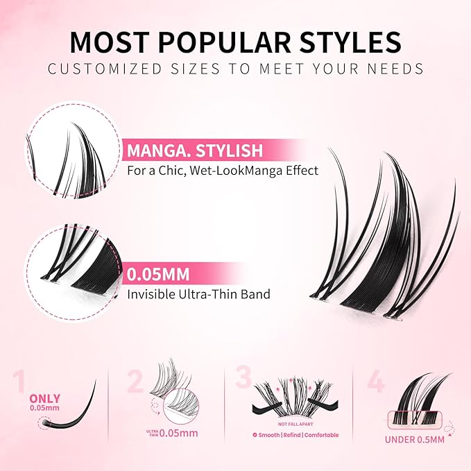 Fairy Lash Clusters 16mm C Curl Manga Lash Clusters Spiky Eyelash Clusters Individual Lashes WideSpan Wet-Look 0.05mm Ultra-Thin Invisible Band(Fairy,16mm)