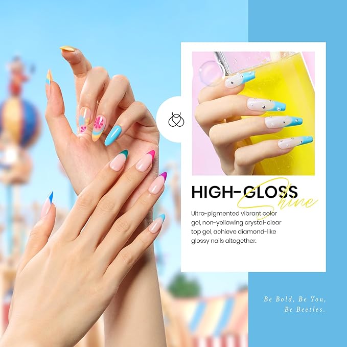 Beetles Gel Nail Polish Set- 23Pcs Summer Color Gel Polish with Base Gel Top Coat Bright Colors, Gel Polish Kit Blue Pink Purple Orange Green Glitter Soak Off Uv Led Trendy Rainbow Nail Art