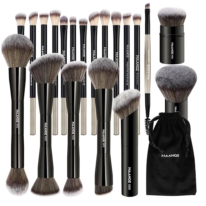 MAANGE 20 PCS Foundation Makeup Brush Set, Double-ended Kabuki Contour Brush for Liquid Powder Concealer Blending Blush Face Makeup Tools (Black)