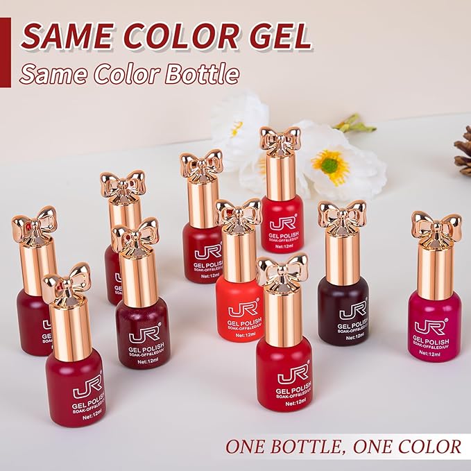 JR 12ml 10colors Red Gel Nail Polish Set Long Lasting Soak off UV Gel Polish Kit Nail Art DIY Manicure Salon Home Gifts for Women D Model