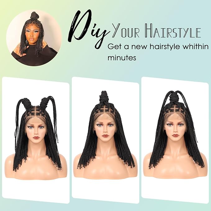 13x8 Inch HD Lace Front Short Knotless Braided Wigs For Women 360° Full Lace Braid Wig With Baby Hair 14" Black Human Hair Blended Bob Braid Lace Front Wigs