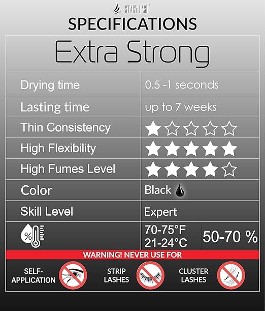 Extra Strong Eyelash Extension Glue Stacy Lash (0.34 fl.oz / 10 ml) / 0.5-1 Sec Dry/Retention – 8 Weeks/Black Adhesive/Professional Supplies