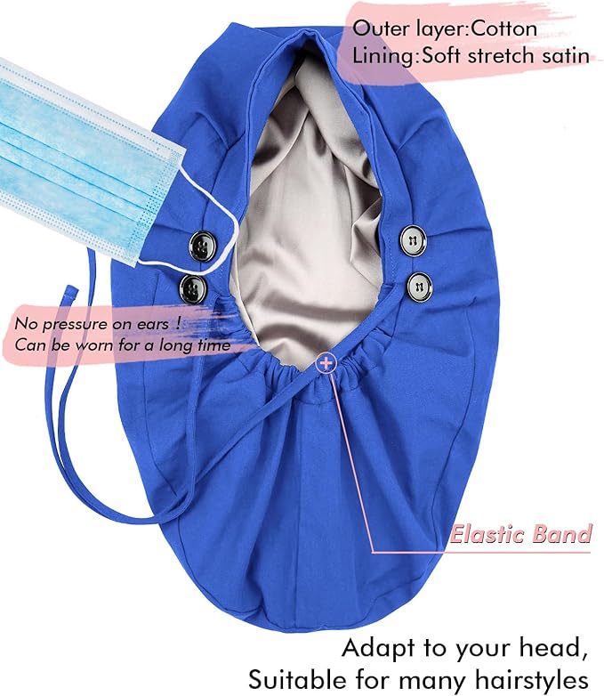 Satin Lined Work Cap with Button for Long Hair Women