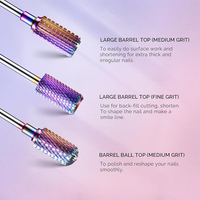 MelodySusie Nail Drill Bits Set, 7pcs Tungsten Carbide Diamond Nail Drill Bits for Acrylic Nails Poly Gel Cuticle Remove, 3/32'' Professional Nail Bits for Nail Drill Efile (A-Colorful)