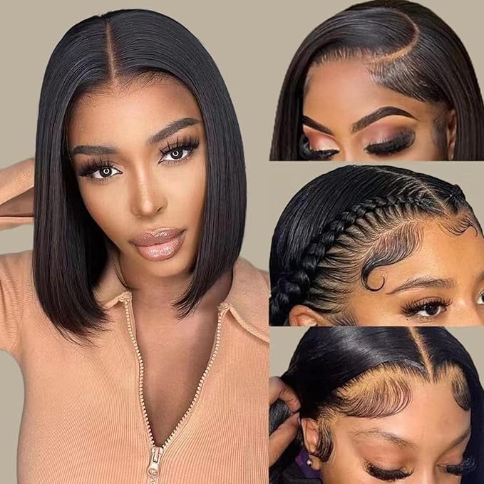 14 Inch Bob Wig Human Hair 13x4 HD Transparent Lace Front Wigs Human Hair Pre Plucked with Baby Hair Glueless Wigs Human Hair 180% Density Straight Frontal Lace Wigs for Women Natural Color