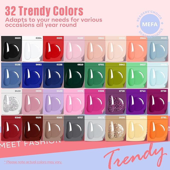 MEFA 54 Pcs Gel Nail Polish Kit with U V Light, 32 Colors Popular Soak Off Nude Pink Red Gel Polish Nail Set with Matte/Glossy Gel Top Base Coat Manicure Tools Nail Art Decorations DIY Salon Home Gift