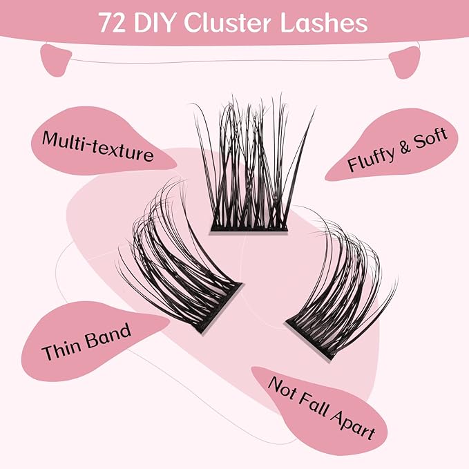 Cluster Lashes, 72 Pcs Individual Lashes, Lash Clusters DIY Eyelash Extension, Super Thin Band Reusable Soft & Comfortable (Pined-D-10mm)