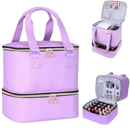 Nail polish Case, Nail Polish Organizer Bag and Nail Dryer Case Holds 30+ Bottles (15ml/0.5 fl.oz) and a Nail Lamp, Travel 2 Layer Nail Polish Storage with Sturdy Handles(Purple)