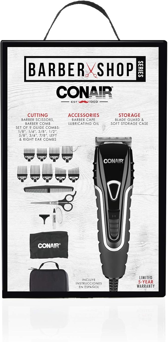 Conair Barber Hair Clippers, Barbershop Series No-Slip Grip 16-Piece Hair Cutting Kit