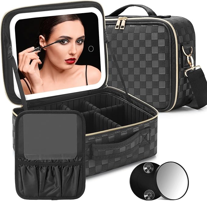 Travel Makeup Bag with LED Mirror - Lighted Makeup Case with 3 Color Setting - Rechargeable Cosmetic Box Organizer for Women - Beauty Tools Accessories Case (Black, Middle)