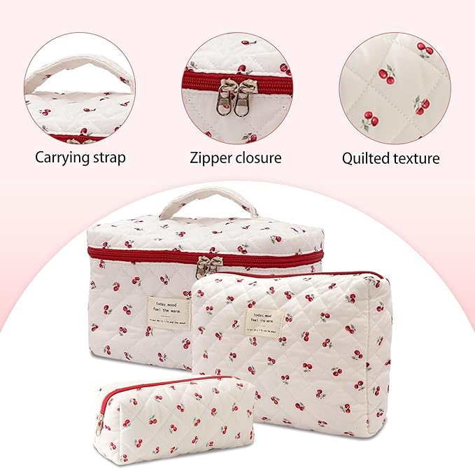 Quilted Makeup Bag,Large Cosmetics Bag Set,Cotton Coquette Floral Make up Pouch,Travel Toiletry Bag for Women