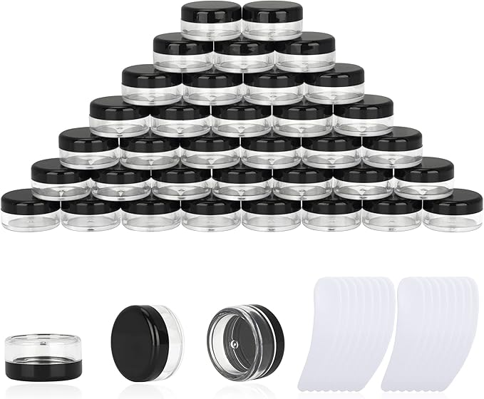 200PCS 3 Gram Sample Containers, 3ml Empty Jars with Lids, Small Cosmetic Containers, Mini Sample Jars with 16PCS Mini Spatulas for Make Up, Oils, Lotion, Powder, Paint, Jewelry, Lip Balms(Black Lid)