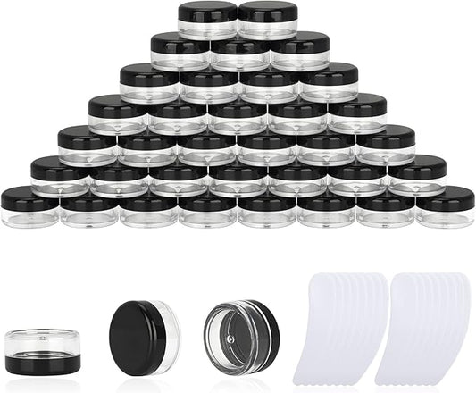 200PCS 3 Gram Sample Containers, 3ml Empty Jars with Lids, Small Cosmetic Containers, Mini Sample Jars with 16PCS Mini Spatulas for Make Up, Oils, Lotion, Powder, Paint, Jewelry, Lip Balms(Black Lid)