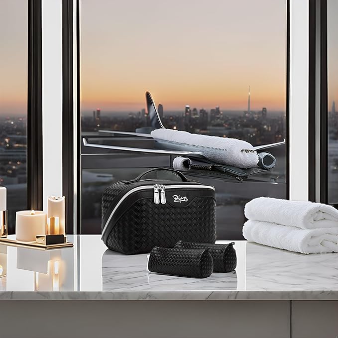 BOYATU Travel Makeup Bags for Women: 3 Pcs Large Make up Bags Set - Vegan Leather Cosmetic Bag for Traveling - Waterproof Toiletry Organizer (L02 Black)