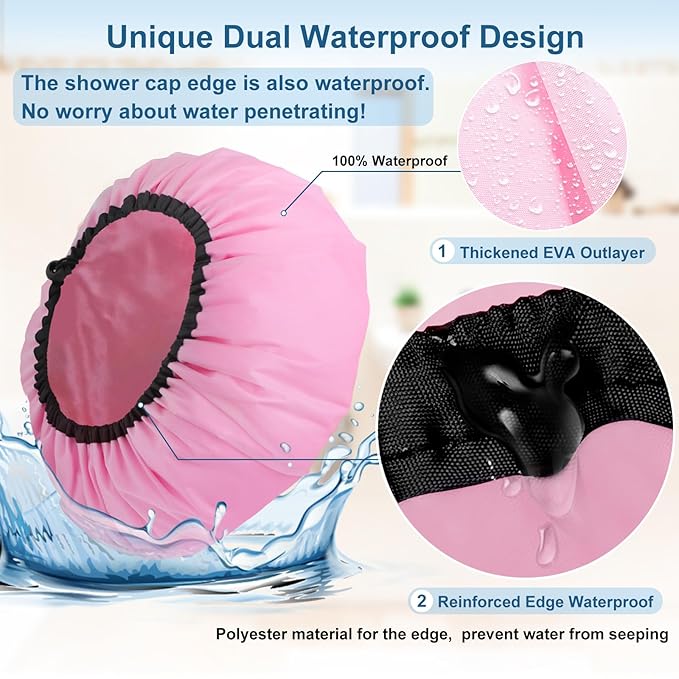 3 Pcs 16.5" Super Extra Large Shower Cap, Reusable Dual Waterproof Shower Cap for Women, Jumbo Satin Lined Shower Cap for Braids & Long Hair, XXL Adjustable Hair Cap for Locs Dreadlocks Music