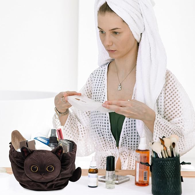 Drawstring Makeup Bag, Cat Makeup Bag, Travel Makeup Organizer, Cosmetic Pouch Bag, Cat Gift for Women, Lay Flat Makeup Bag Gifts for Cat Lovers(2-Pack)