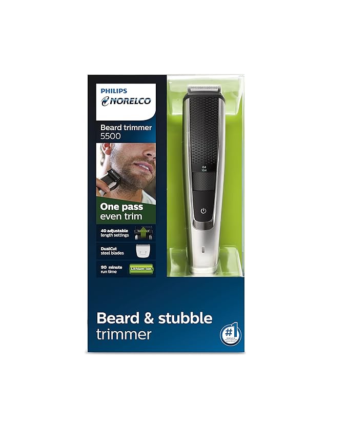 Norelco Philips Beard Trimmer and Hair Clipper Series 5500, Electric, Cordless, one Pass Beard Trimmer and Hair Clipper with Washable Feature for Easy Clean - No Blade Oil Needed - BT5511/49