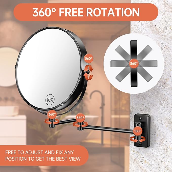 Benbilry 9" Large Size Wall Mounted Makeup Mirror, 1X/10X Magnifying Double Sided Shaving Mirror for Bathroom, 360° Swivel Extendable Arm Black