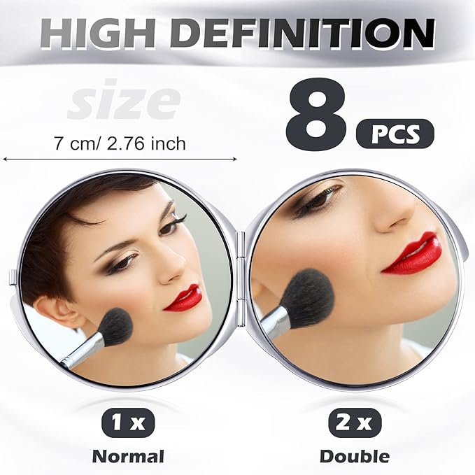 Yalikop 8 Pcs Portable Folding Compact Mirror Bulk with 1X 2X Magnification Double Sided Mini Travel Makeup Mirror for Women Bridesmaid Gifts(Silver)