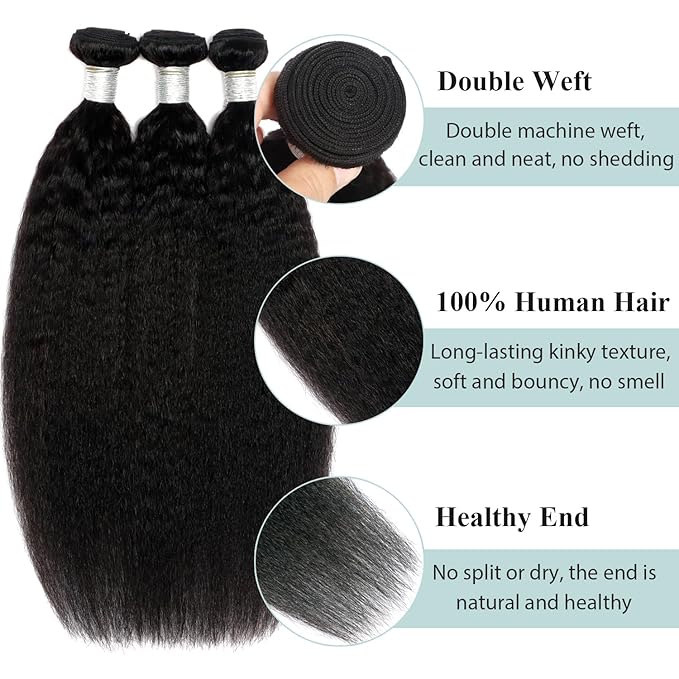 14 16 18 Inch Kinky Straight Bundles Human Hair Yaki Straight Human Hair Bundles Raw Kinky Human Hair 3 Bundles For Black Women Natural Black 12A Sew In 100% Brazilian Virgin Human Hair Bundles
