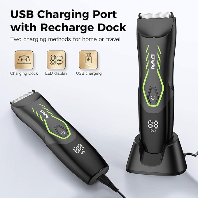 Men Hair Removal Shavers,Electric Safe Blade Waterproof Groin Hair Trimmer Male Painless Wet Quiet Hygiene Razor with Standing Charging Dock Green