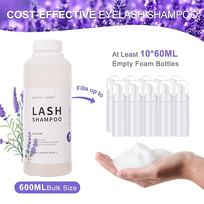 Arison Eyelash Eyelash Extension Shampoo 600ml / Eyelid Foaming Cleanser/Wash for Extensions and Natural Lashes/Paraben & Sulfate Free Safe Makeup & / Professional & Self Use (Lavender)