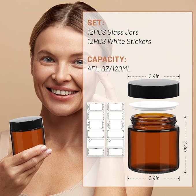 AuroTrends 4 oz Amber Glas Jars with Lids 12Pack, Portable Amber Round Empty Glass Candle Jars with Lids/Body Butters Containers/Body Butter Jar (4 fl. oz, Set of 12)