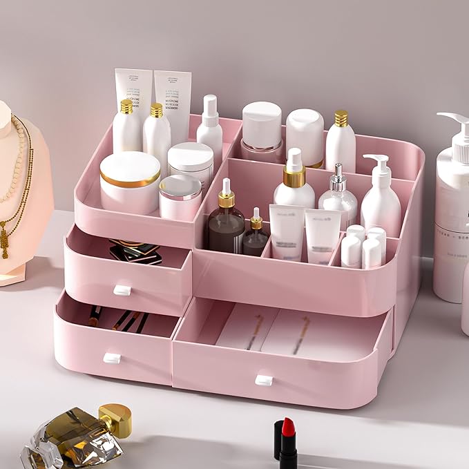 MIUOPUR Makeup Organizer for Vanity, Large Capacity Desk Organizer with Drawers for Cosmetics, Lipsticks, Jewelry, Nail Care, Skincare, Ideal for Bedroom and Bathroom Countertops - Large Pink