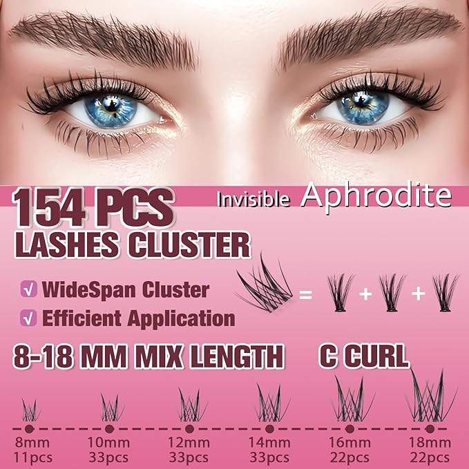 Aphrodite Lash Clusters Kit 8-18mm Wispy Natural Eyelash Clusters C Curl - WideSpan DIY Eyelash Extensions Kit Spiky Lashes Individual Fake Eyelashes Clusters Kit Ultra-Thin Invisible Lash Band