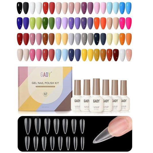 GAOY 42 Pcs Gel Nail Polish Kit, All Seasons Gel Nail Polish Set with Glossy & Matte Top Coat and Base Coat, with Medium Stiletto Fake Nail Tips, 360Pcs Matte Soft Gel X Nail Tips