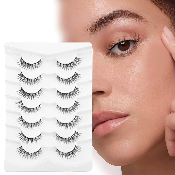 Short Natural Lashes Cat Eye Lashes NINGLASH False Eyelashes Natural Look Wispy Fake Eyelash 10mm Faux Lashes Strips 7 Pairs Lash Pack