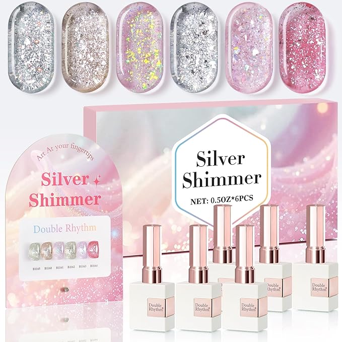 Double Rhythm 0.5 Oz Glitter Gel Polish Set of 6 Color with Display Board 15 ml Full Size Kit Shimmer Reflective Sparkle Soak Off Manicure Salon DIY at Home (Gold Silver Light Pink Rose-T6-35)