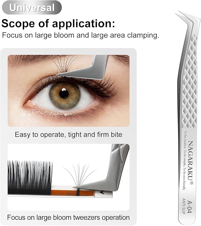 NAGARAKU Eyelash Extension Tweezers Diamond Grip with Pattern on tip Precision Durable Curved Professional for Classic Lash Fanning Volume (A-04)