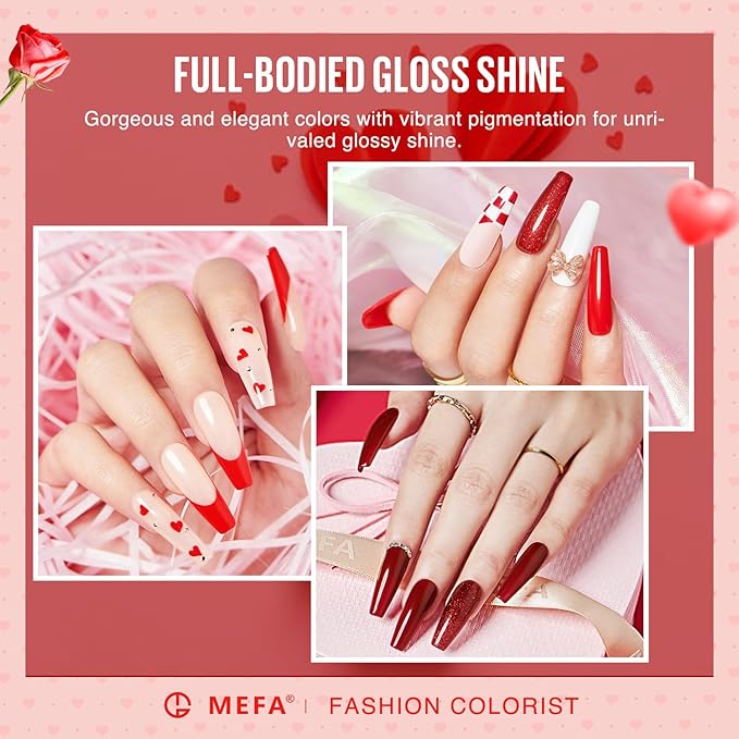 MEFA 6 Colors Red Gel Nail Polish Set, Glitter Shades Sparkle Silver Champagne Love Times Tones Salon Decorations Nail Art Design at Home Manicure DIY Kit Gifts for Women Girl